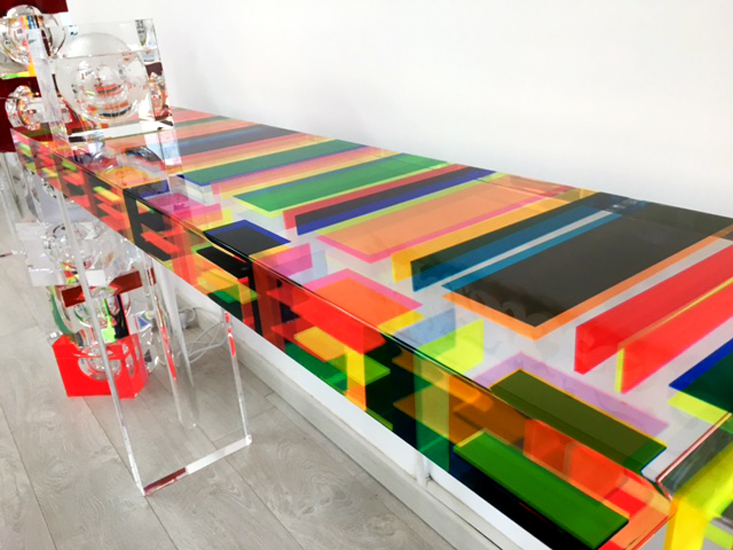 Colored lucite console table detail
